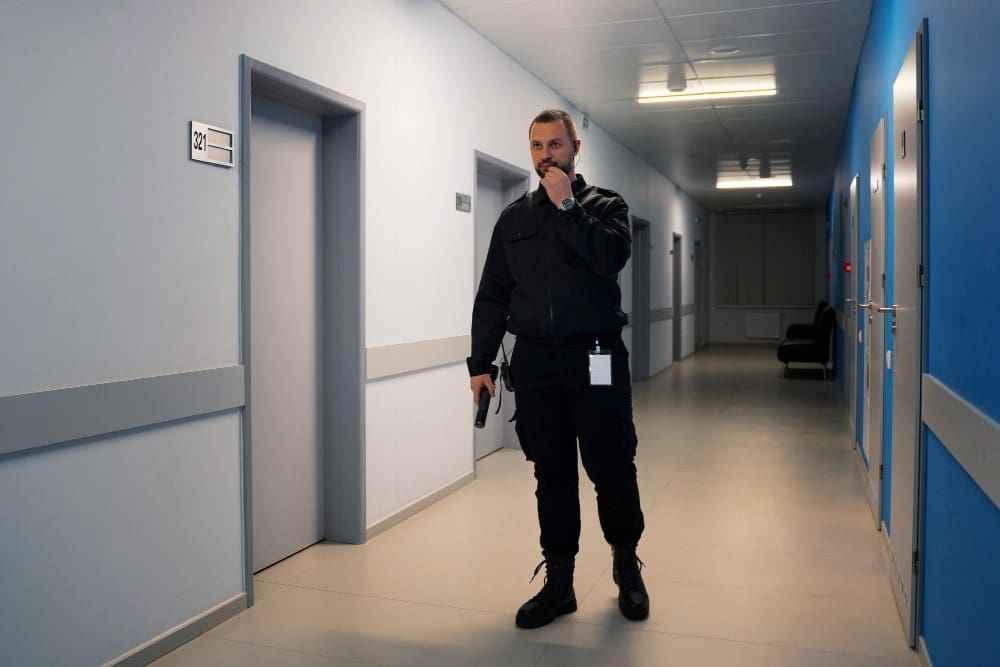 Sicherheitsdienst in Berlin bei einer Kontrollrunde in einem Gebäude.
