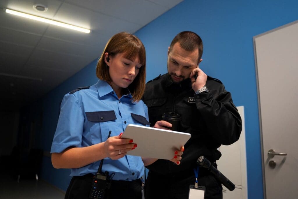 Sicherheitsdienst in Berlin – Zwei Sicherheitskräfte analysieren Daten auf einem Tablet.