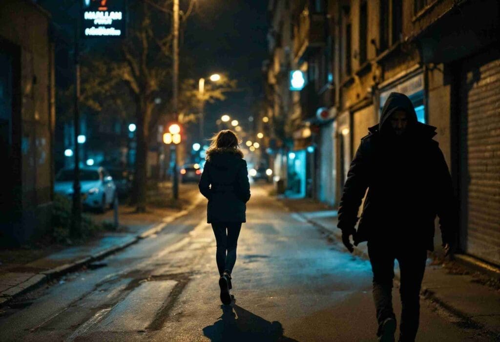 Eine Person läuft nachts durch eine dunkle Straße und fühlt sich verfolgt