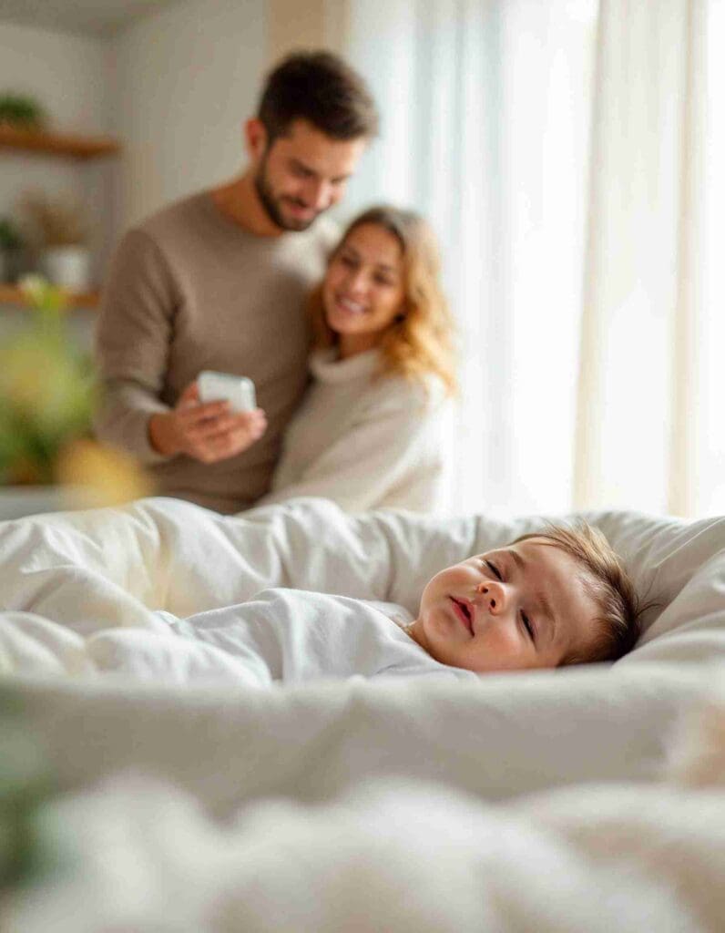 Eltern lächeln dank Babyphone Sicherheit, während das Baby ruhig schläft