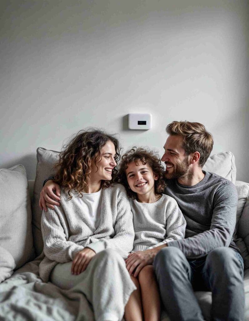 Familie im Wohnzimmer mit sichtbarer Alarmanlage an der Wand – Einbruchschutz