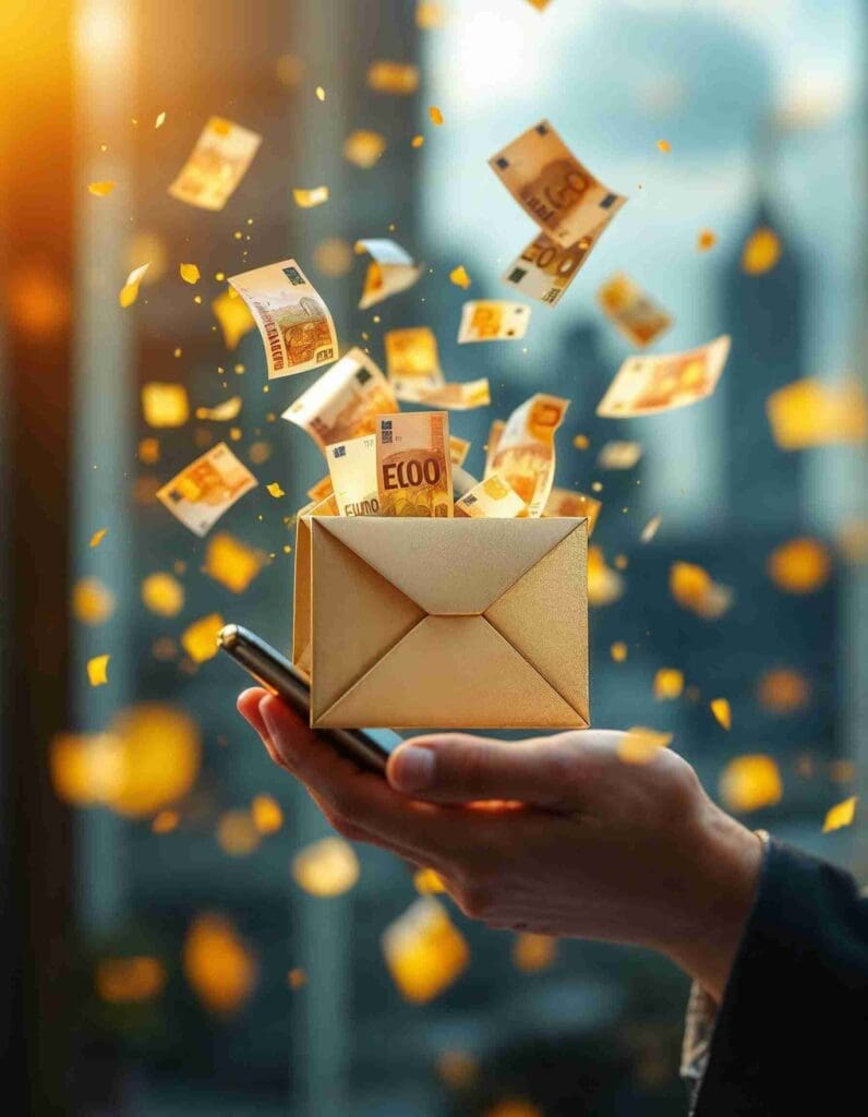 Goldener Briefumschlag mit Geldscheinen als Symbol für Phishing-Mails