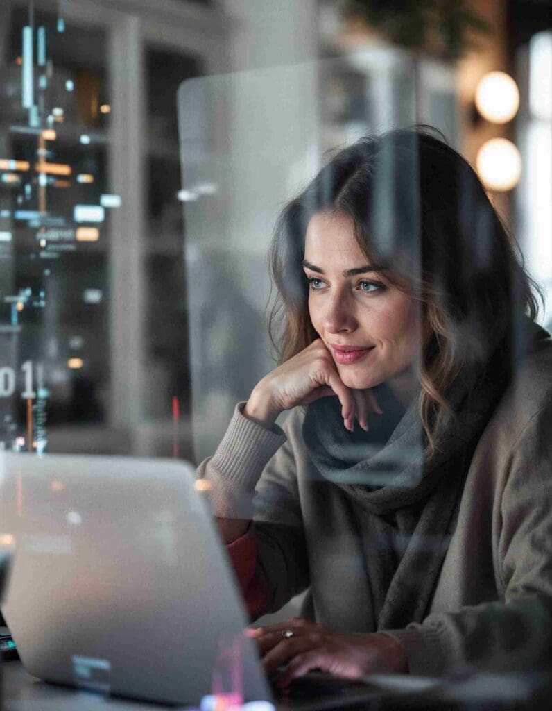 Person am Laptop mit digitalem Schutzschild, Symbol für Anti-Phishing