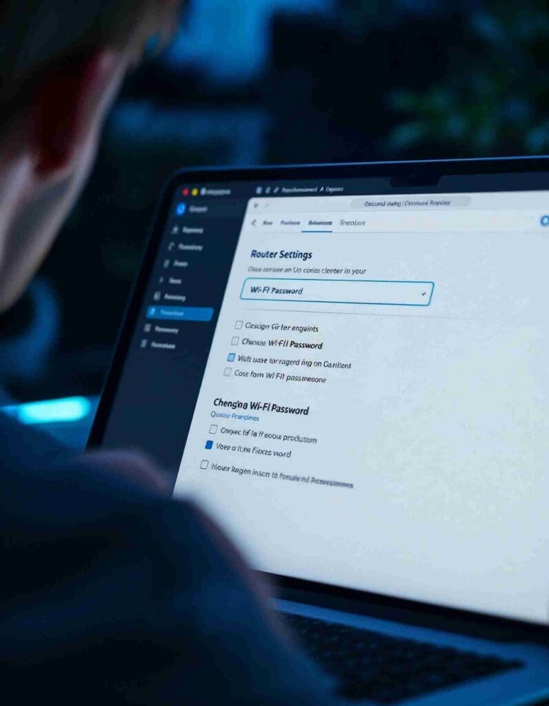 Router-Einstellungsmenü auf einem Laptop, während ein Nutzer das WLAN-Passwort ändert.
