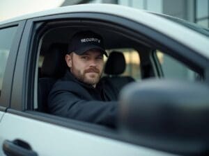 Revierwachdienst 3 Sicherheitsmitarbeiter eines Revierwachdienstes in Berlin sitzt im Einsatzfahrzeug während einer Kontrollfahrt.